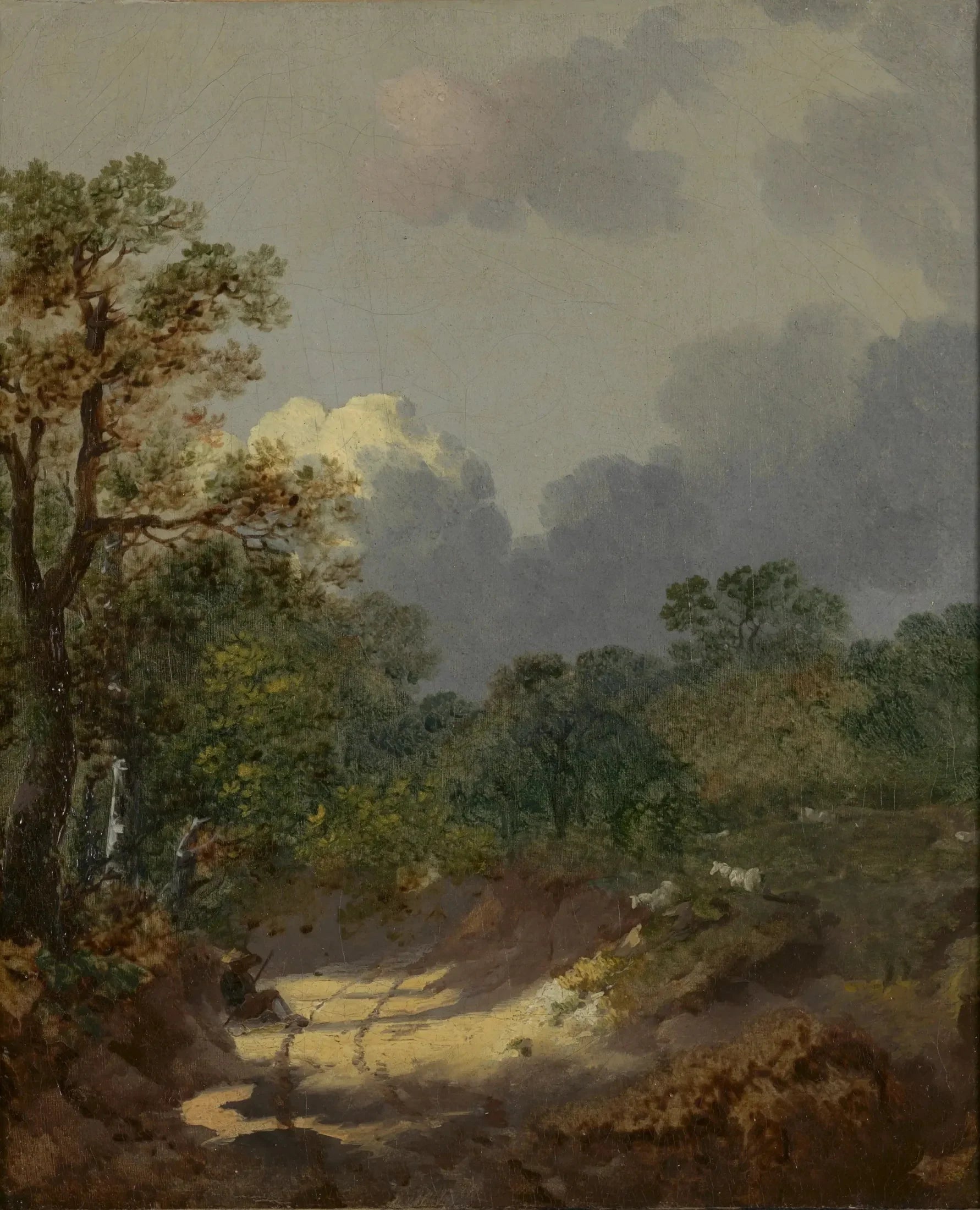 Paysage boisé avec un berger au repos sur une route ensoleillée avec des moutons - Thomas Gainsborough image 1 reproduction artisanale de tableau