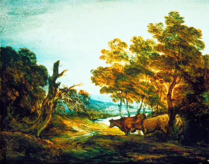 Paysage boisé avec un berger et deux vaches - Thomas Gainsborough image 1 reproduction artisanale de tableau