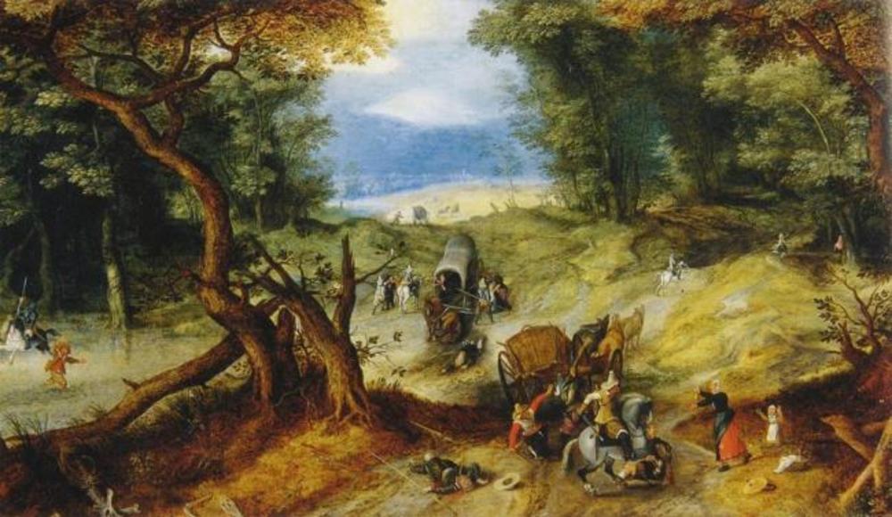 Paysage boisé avec un vol sur un chemin forestier - Jan Brueghel l'Ancien image 1 tableau peint à l’huile sur toile