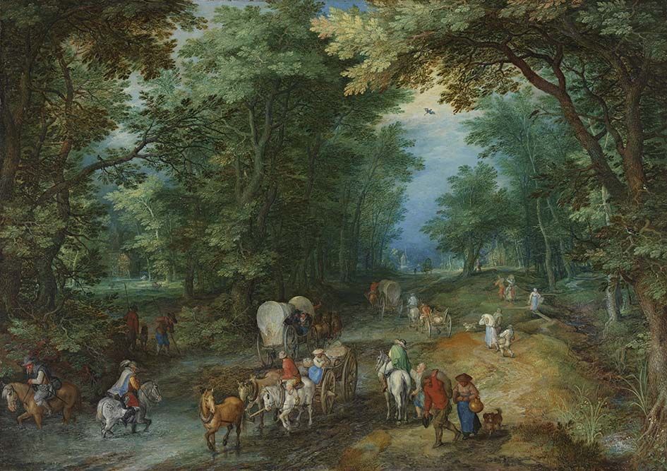 Paysage boisé avec une route près d'un étang guéable - Jan Brueghel l'Ancien image 1 copie de tableau peinte à la main