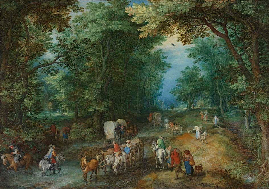 Paysage boisé avec une route près d'un étang guéable - Jan Brueghel l'Ancien
