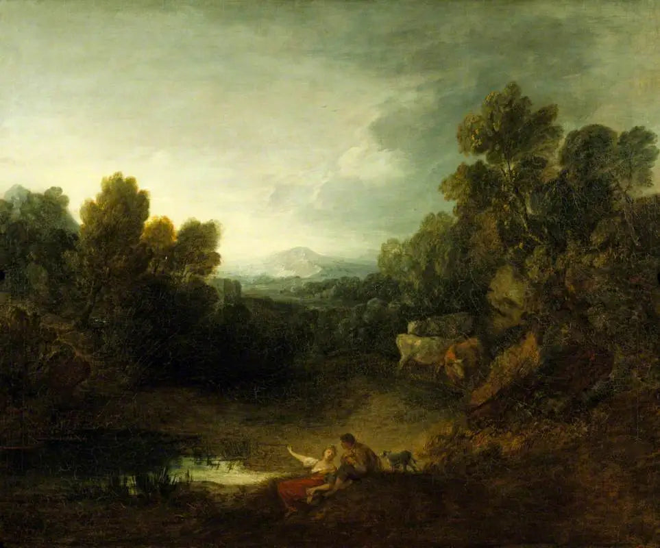 Paysage boisé rocheux avec des amoureux rustiques au bord d'une piscine - Thomas Gainsborough image 1 copie peinte à la main à l’huile