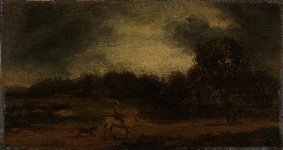 Paysage avec un cavalier – artiste inconnu, anciennement attribué à Rembrandt