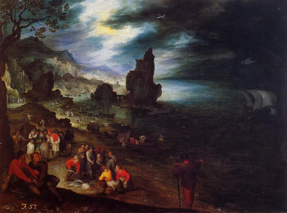 Paysage côtier avec le sacrifice de Jonas - Jan Brueghel l'Ancien image 1 copie de tableau peinte à la main