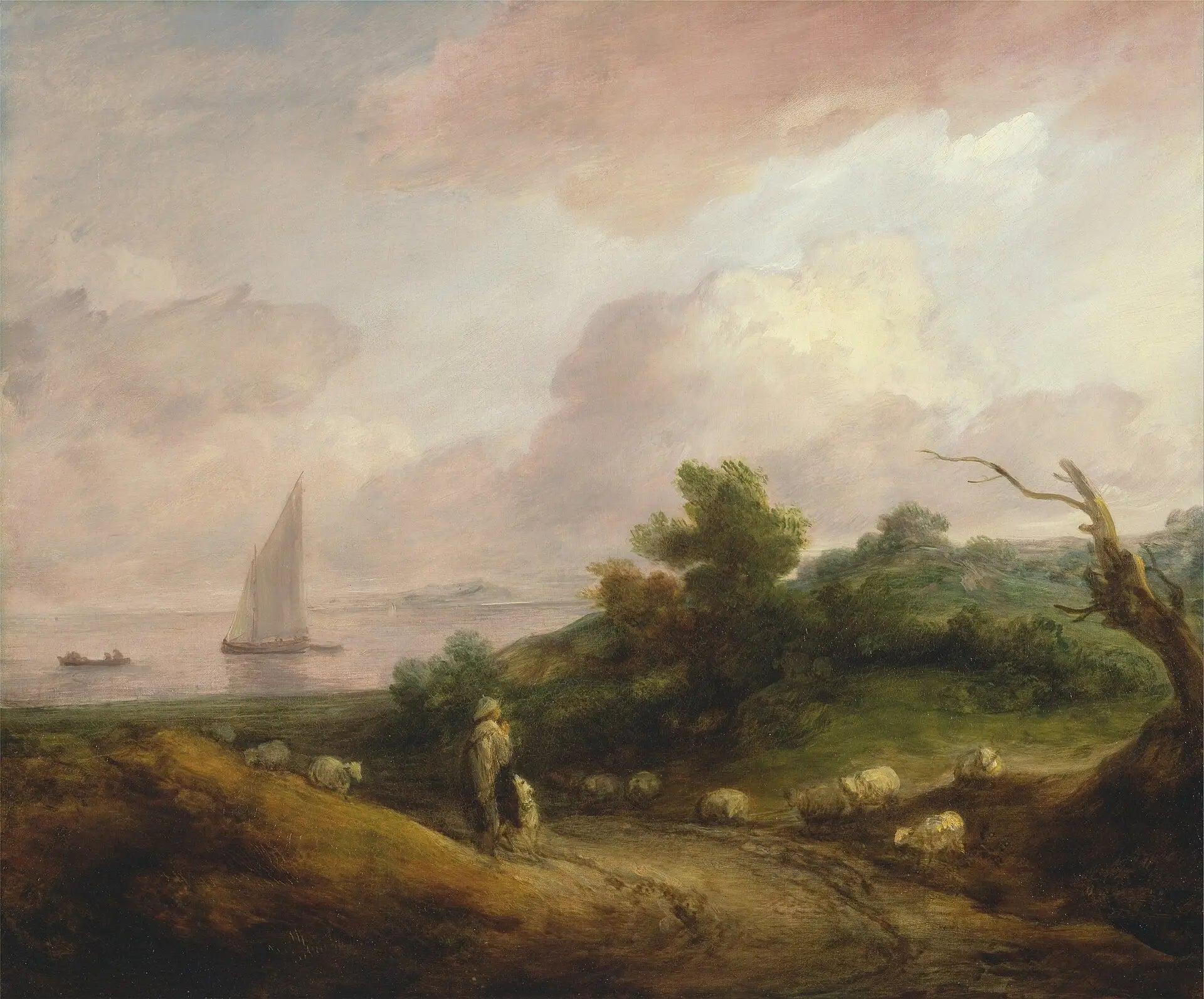 Paysage côtier avec un berger et son troupeau - Thomas Gainsborough image 1 reproduction artisanale de tableau
