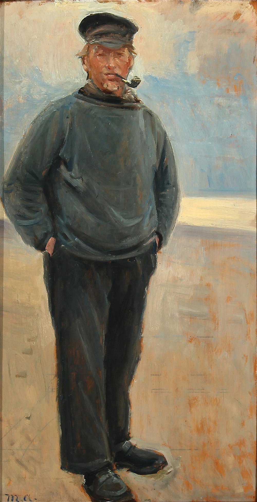 Paysage côtier avec un pêcheur fumant sa pipe. - Michael Peter Ancher image 1 reproduction d’œuvre d’art à l’huile