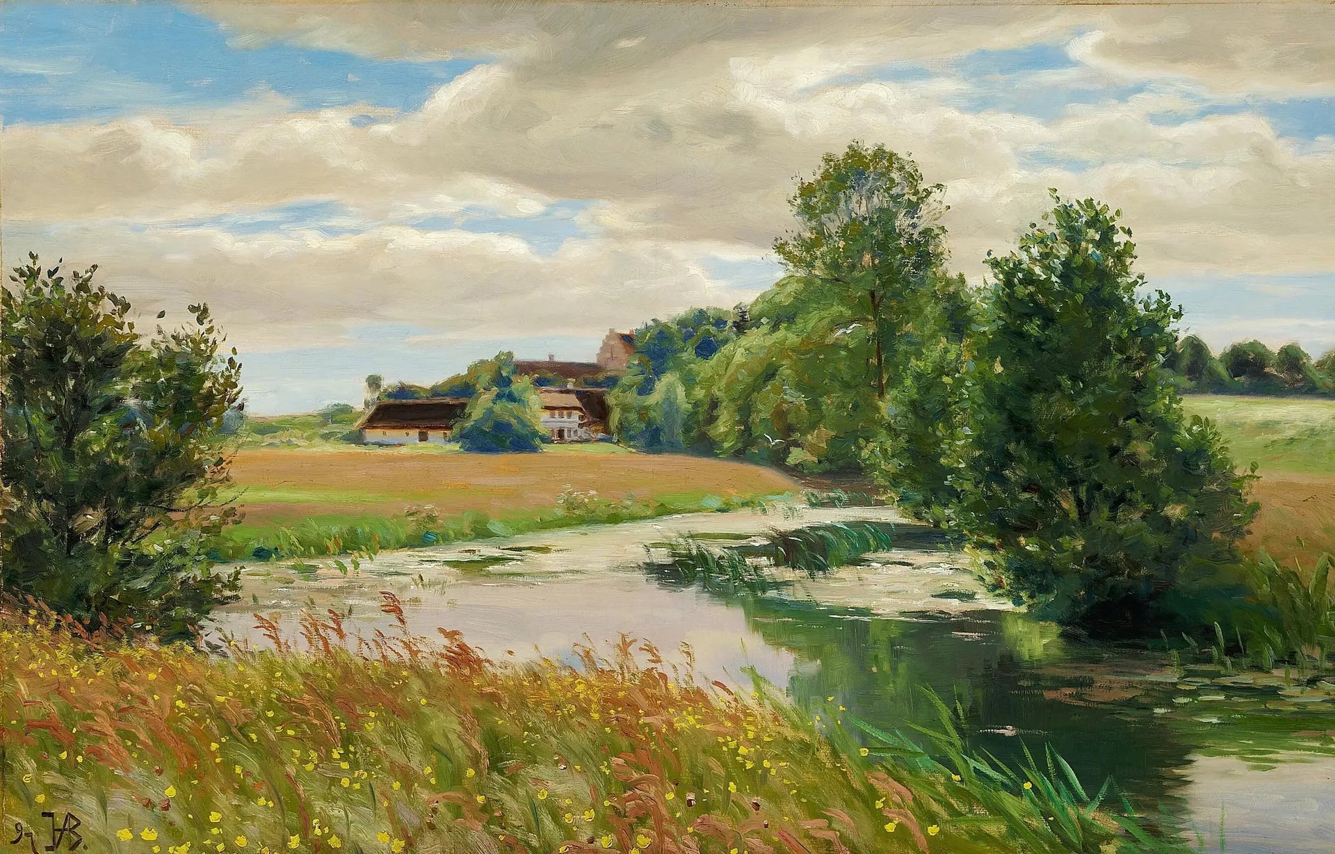 Paysage d'été au bord d'une rivière près d'une église. - H. A. Brendekilde image 1 copie de tableau peinte à la main