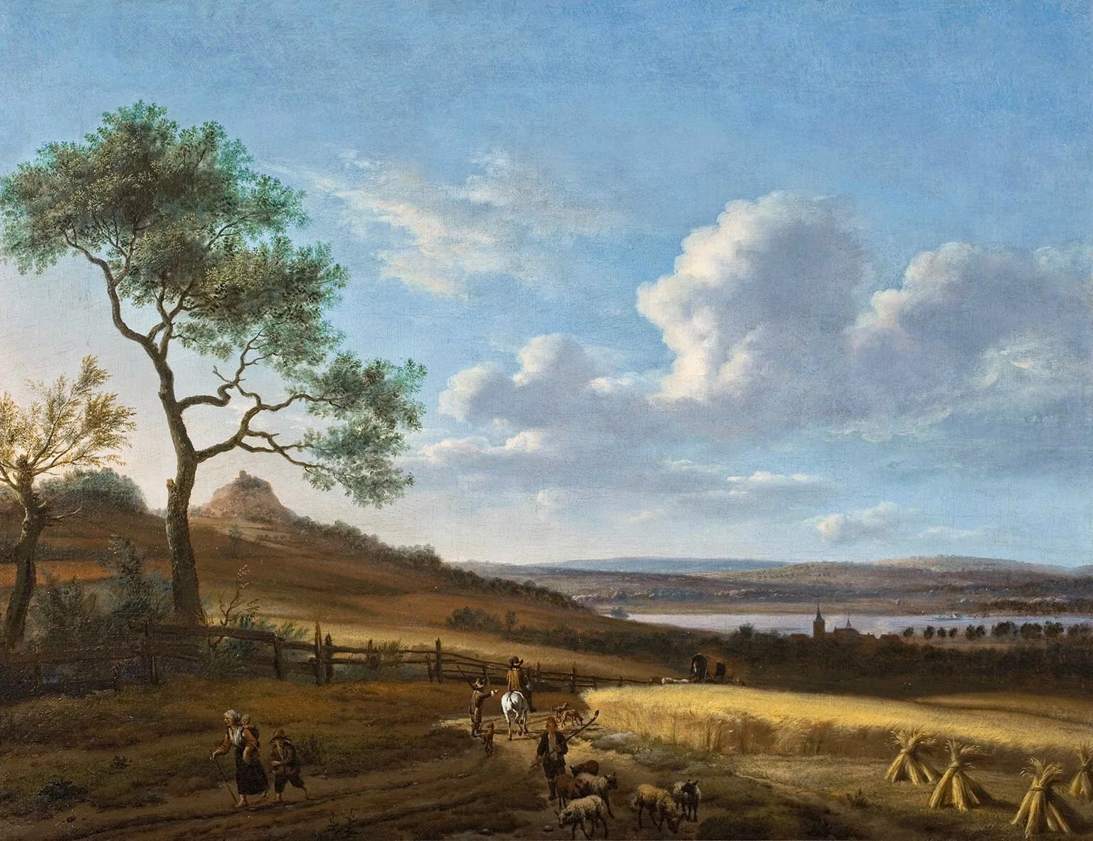Paysage d'été panoramique avec un cavalier et une charrette postale - Adriaen van de Velde image 1 reproduction artisanale de tableau