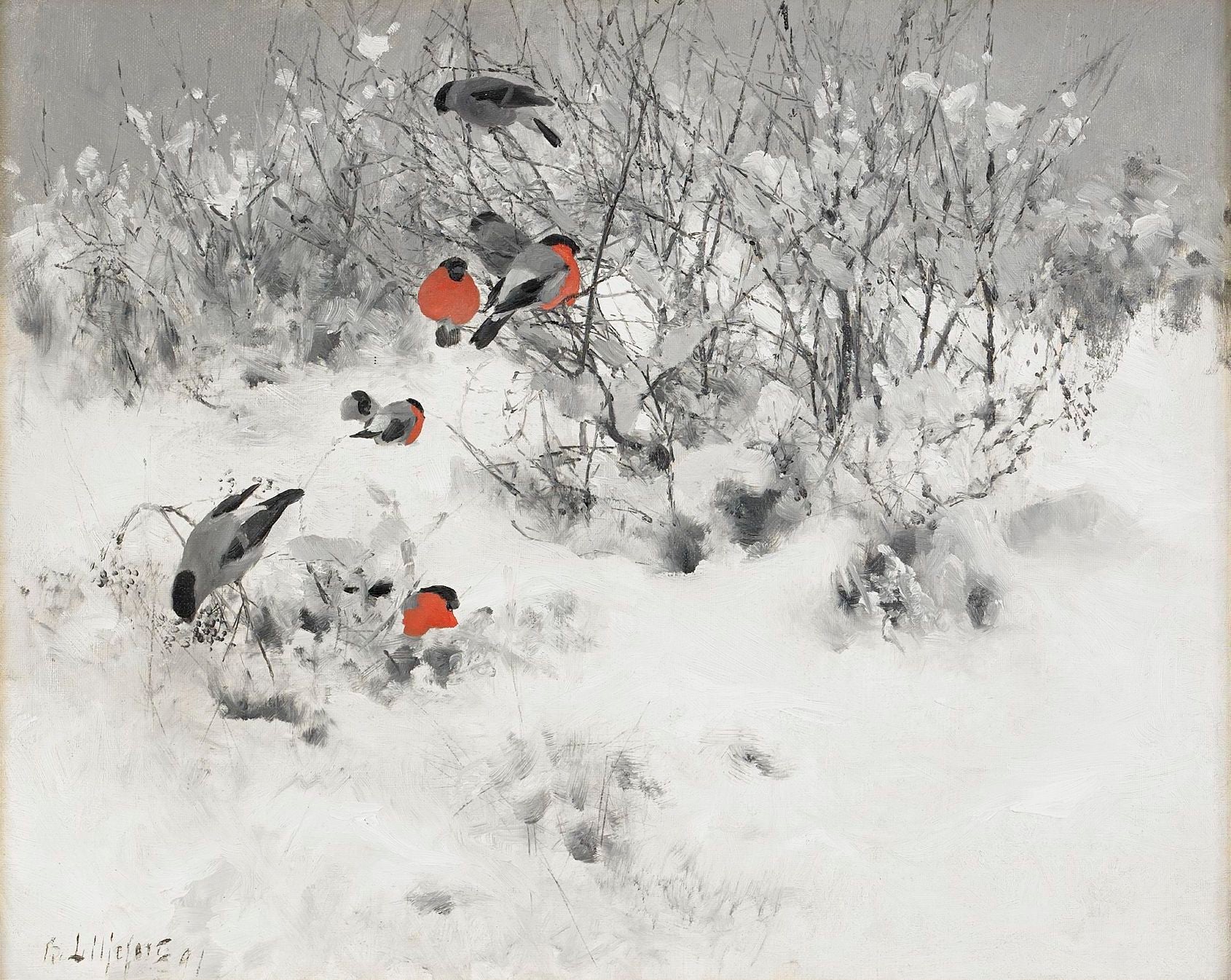 Paysage d'hiver avec des bouvreuils - Bruno Liljefors image 1 copie de tableau peinte à la main