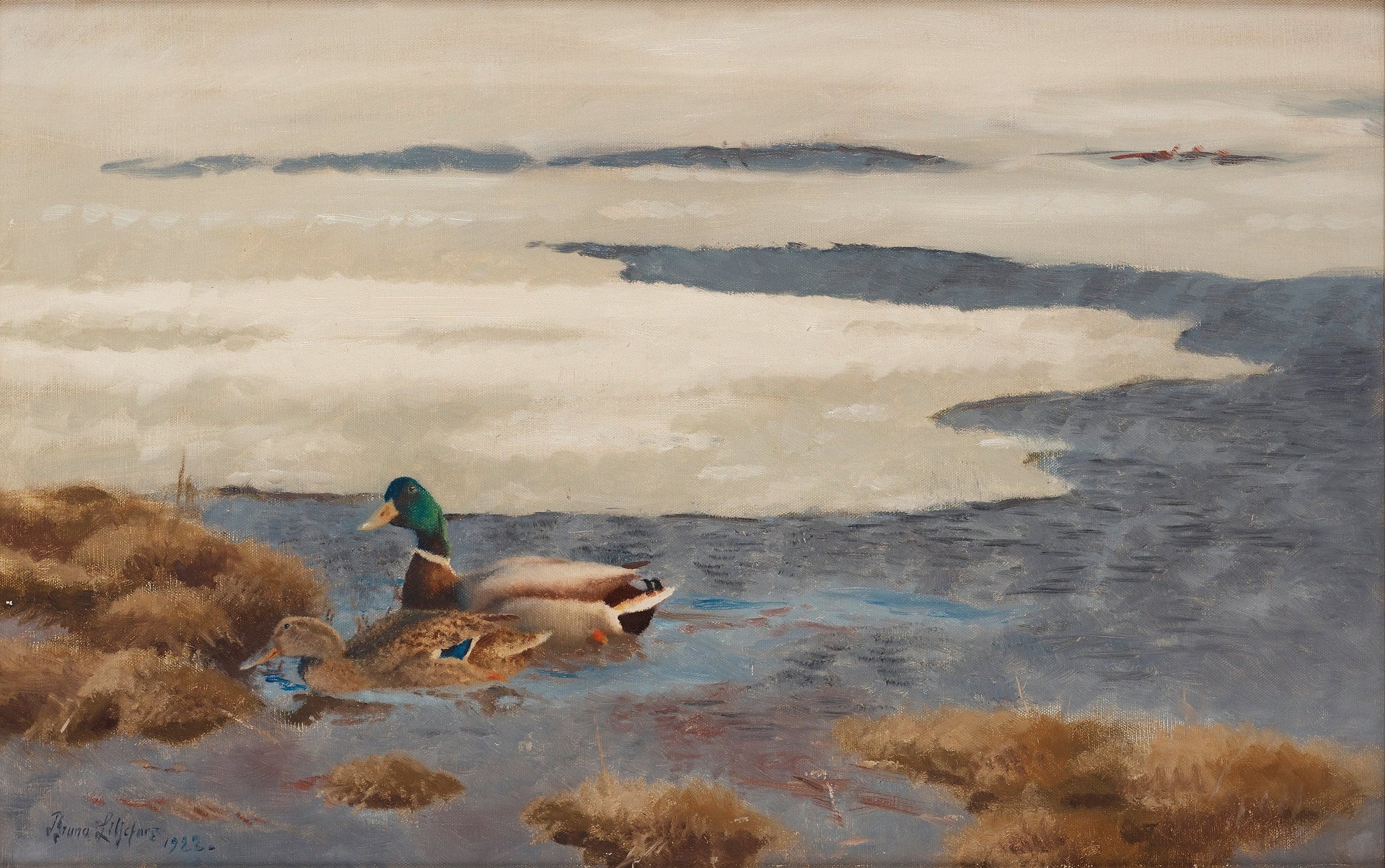Paysage d'hiver avec des canards colverts - Bruno Liljefors image 1 copie peinte à la main à l’huile