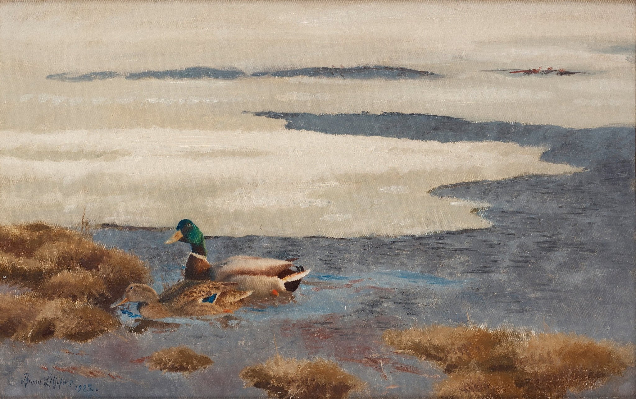 Paysage d'hiver avec des canards colverts - Bruno Liljefors image 1 copie peinte à la main à l’huile