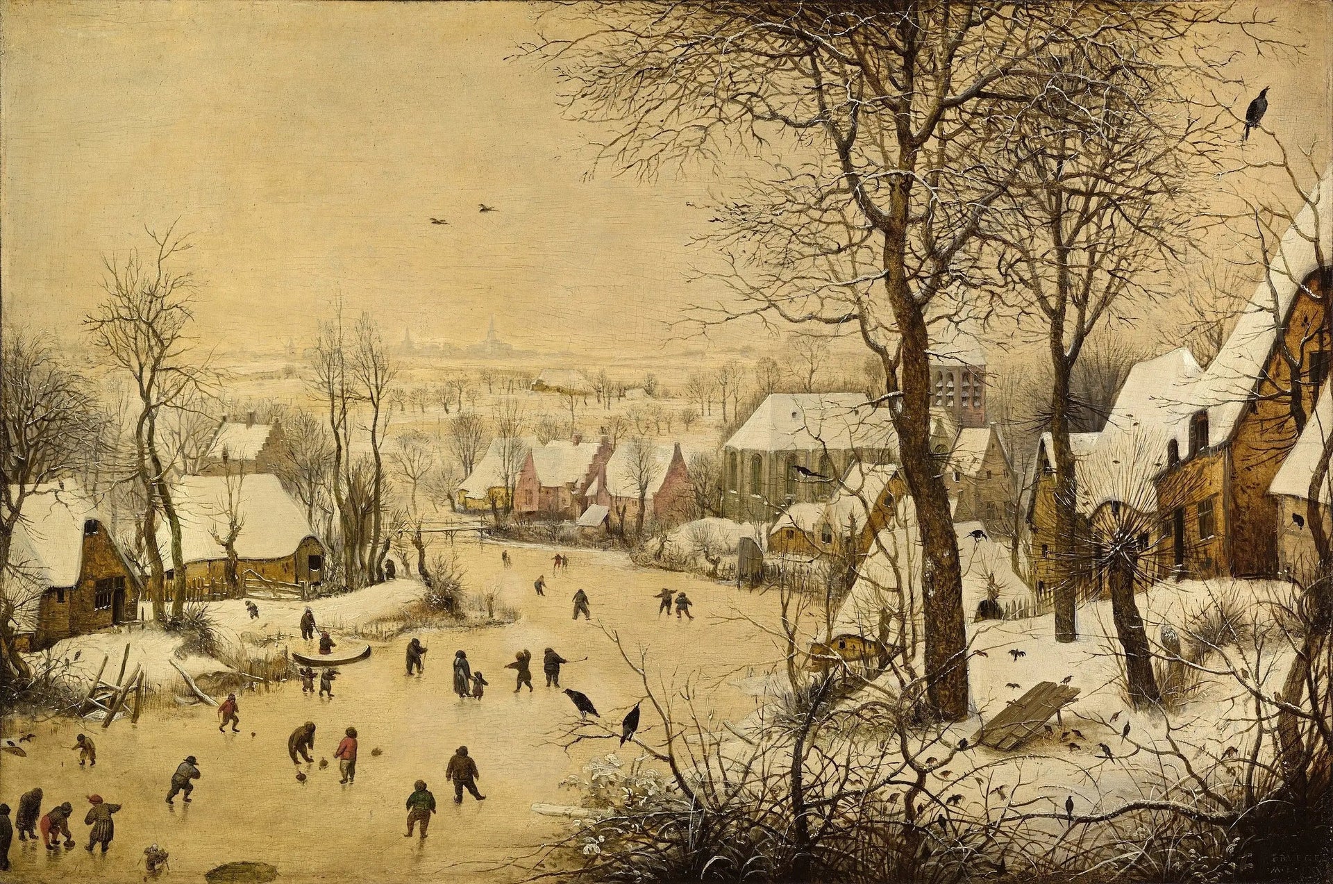 Paysage d'hiver avec patineurs et piège aux oiseaux - Pieter Brueghel the Elder image 1 copie peinte à la main à l’huile