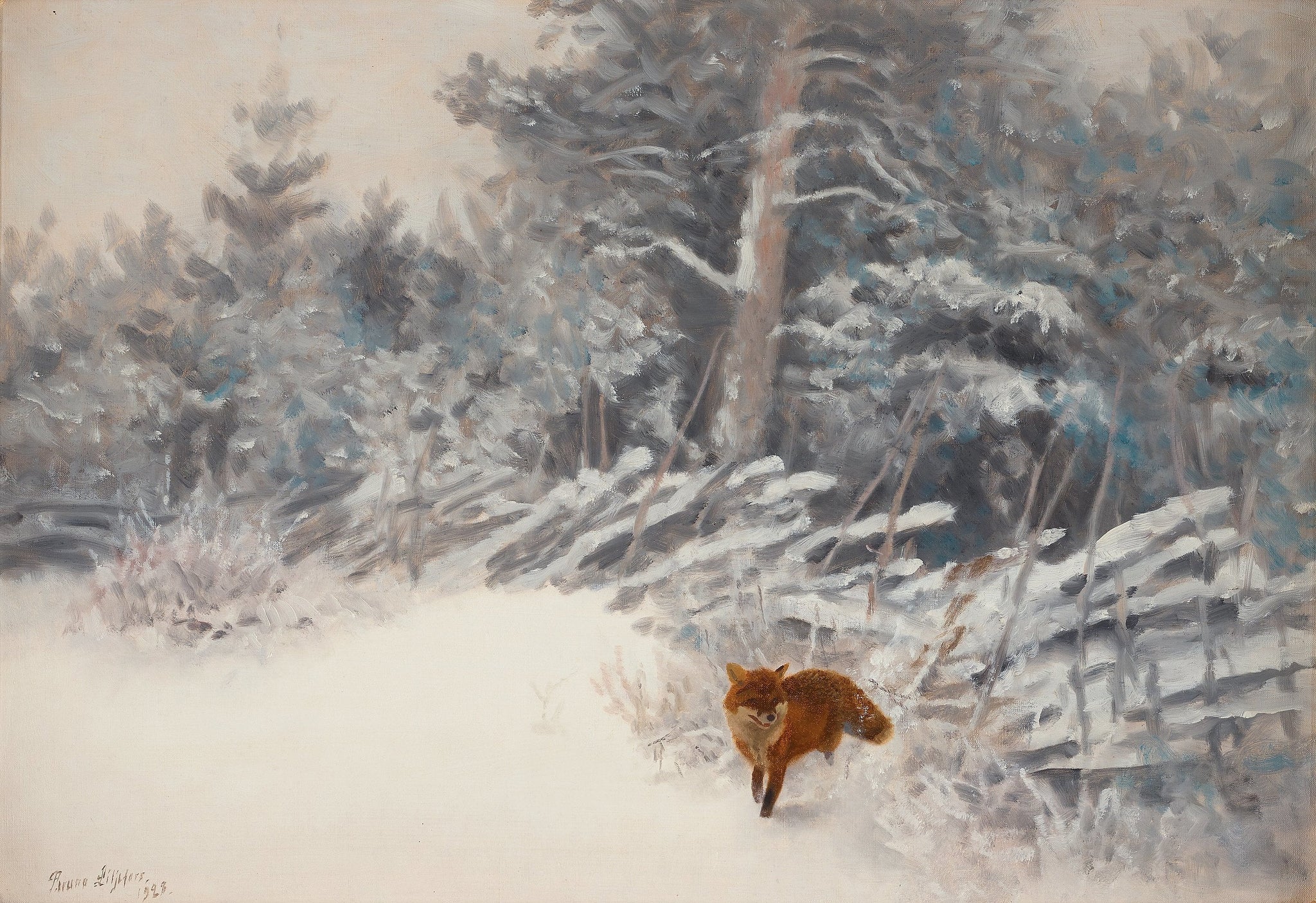 Paysage d'hiver avec renard - Bruno Liljefors image 1 reproduction artisanale de tableau
