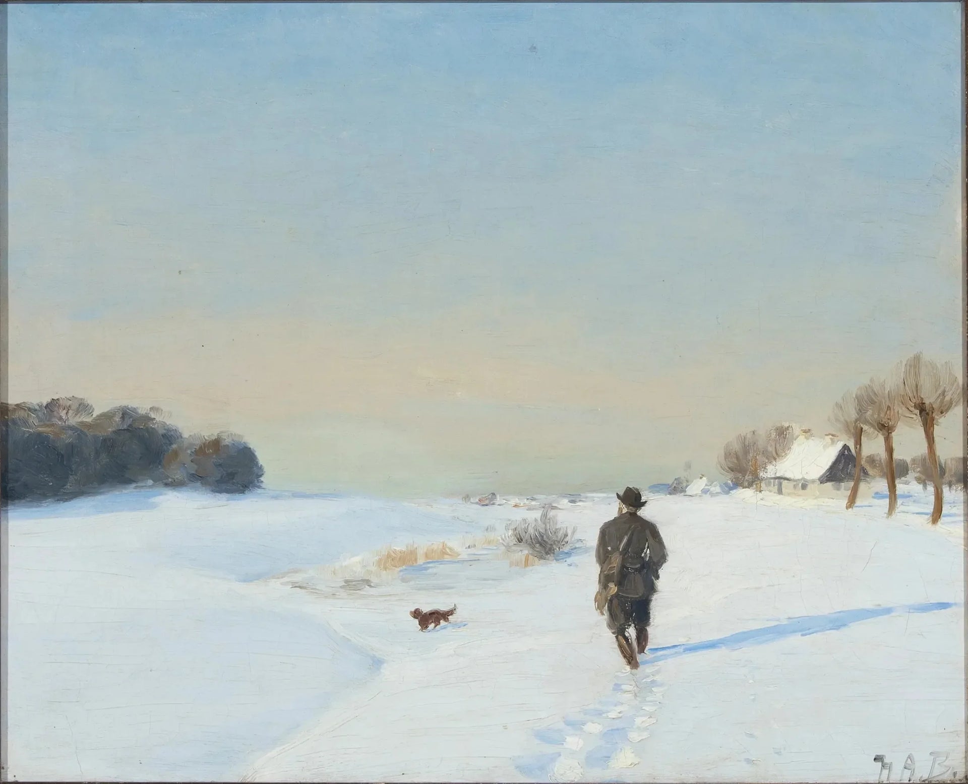 Paysage d'hiver avec un chasseur et son chien par une journée ensoleillée - H. A. Brendekilde image 1 reproduction artisanale de tableau