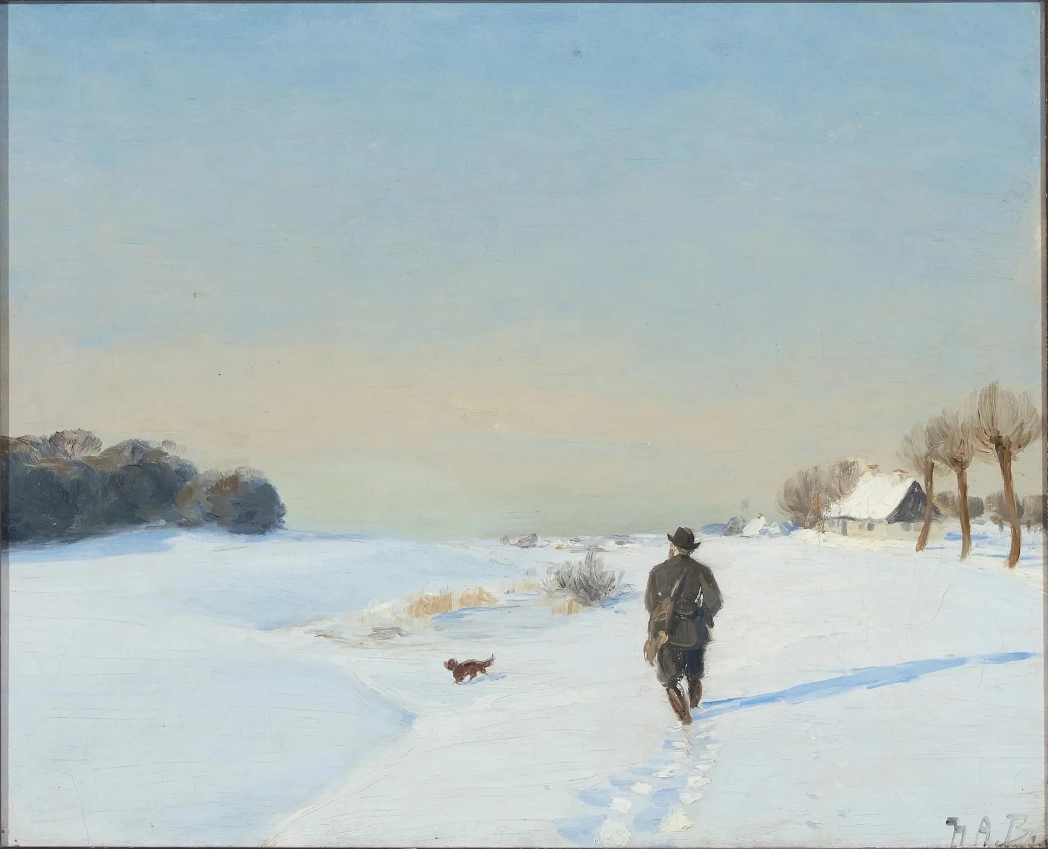 Paysage d'hiver avec un chasseur et son chien par une journée ensoleillée - H. A. Brendekilde image 1 reproduction artisanale de tableau