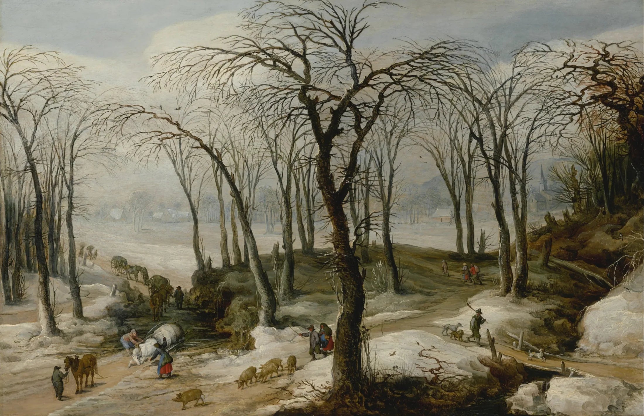 Paysage d'hiver avec une charrette à cheval renversée et des personnages conduisant un troupeau. - Jan Brueghel le Jeune image 1 tableau peint à l’huile sur toile