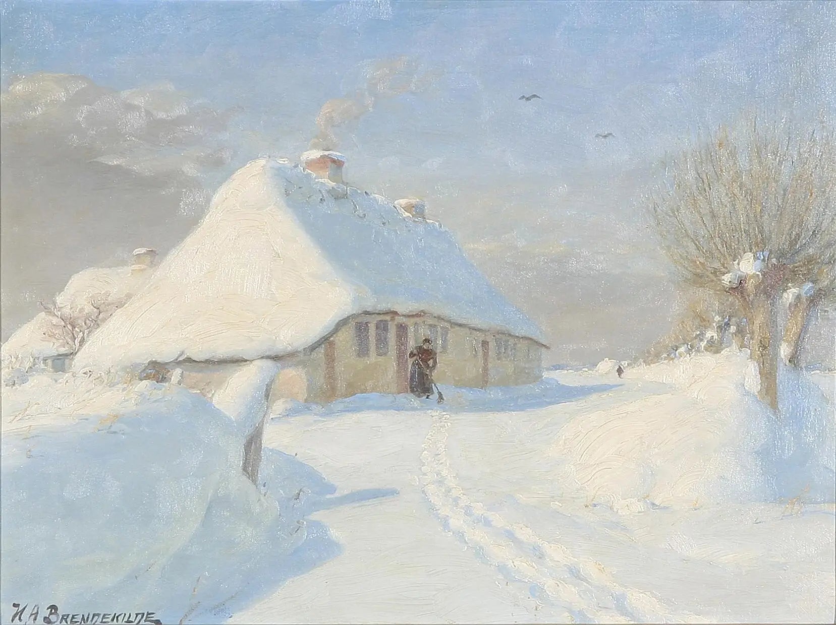Paysage d'hiver avec une femme dans une ferme. - H. A. Brendekilde image 1 reproduction artisanale de tableau