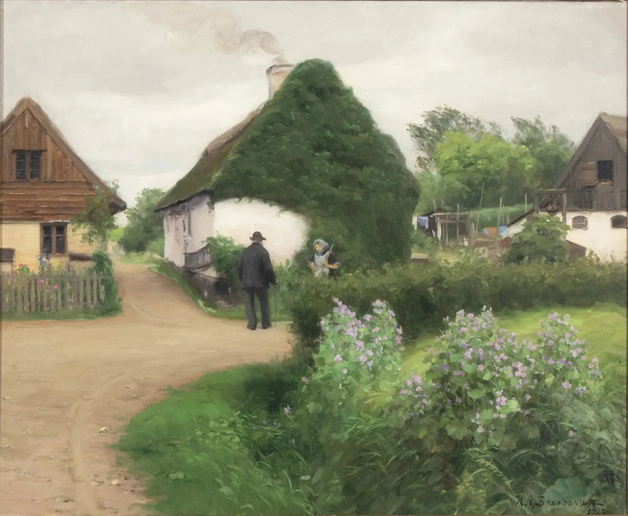 Paysage d'un village avec des personnes en conversation - H. A. Brendekilde image 1 reproduction artisanale de tableau