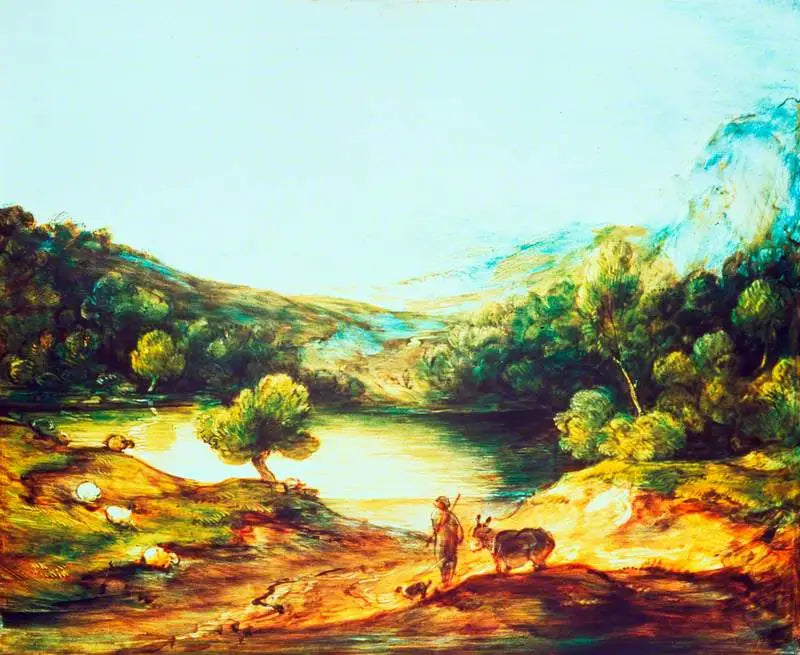 Paysage de hautes terres boisées avec un berger, un âne et des moutons dispersés, un lac et un village et des collines au loin - Thomas Gainsborough image 1 tableau peint à l’huile sur toile