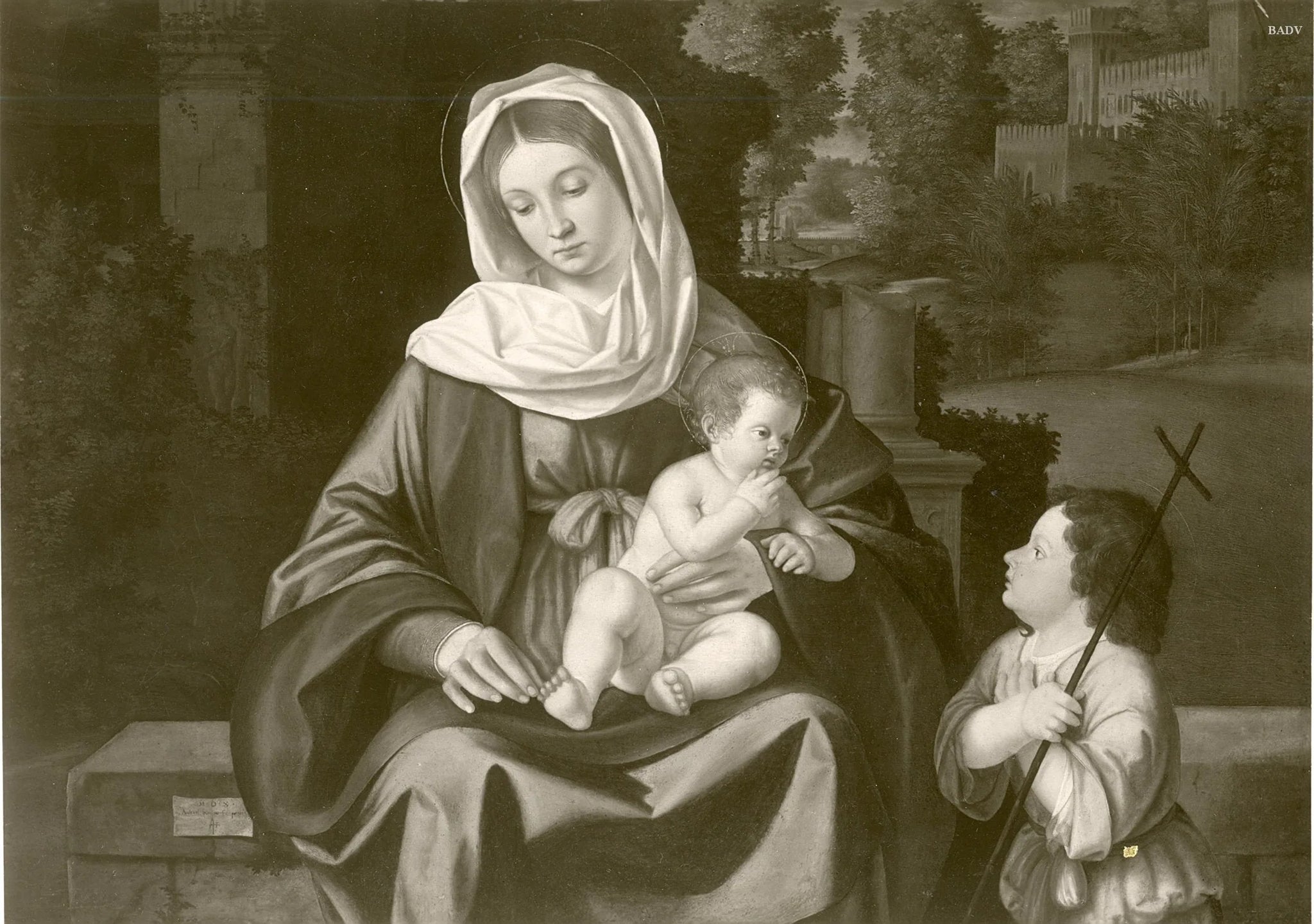 Paysage de la Vierge à l'Enfant et de saint Jean - Andrea Previtali image 1 copie de tableau peinte à la main