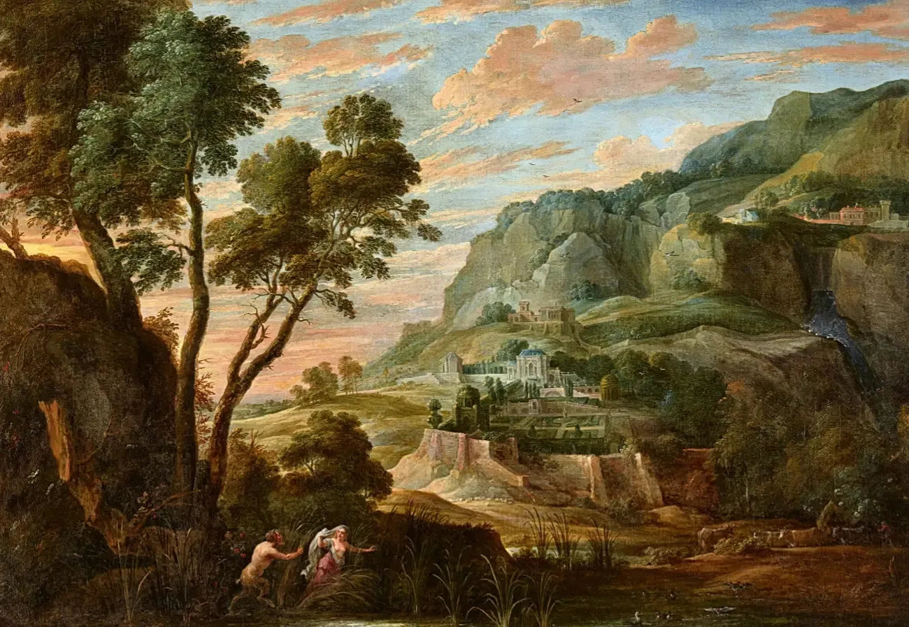 Paysage de montagne panoramique avec Pan et Syrinx - David Teniers le Jeune image 1 copie de tableau peinte à la main