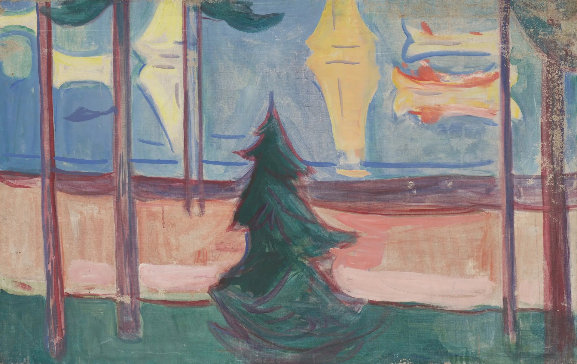 Paysage de plage avec arbres et bateaux - Edvard Munch image 1 copie de tableau peinte à la main