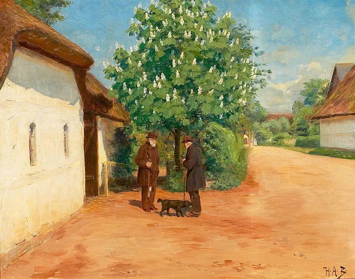 Paysage de printemps avec deux messieurs. - H. A. Brendekilde image 1 copie peinte à la main à l’huile
