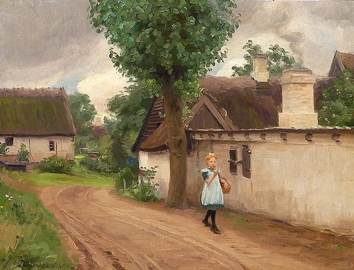 Paysage de village avec une jeune fille en robe bleue. - H. A. Brendekilde image 1 reproduction artisanale de tableau