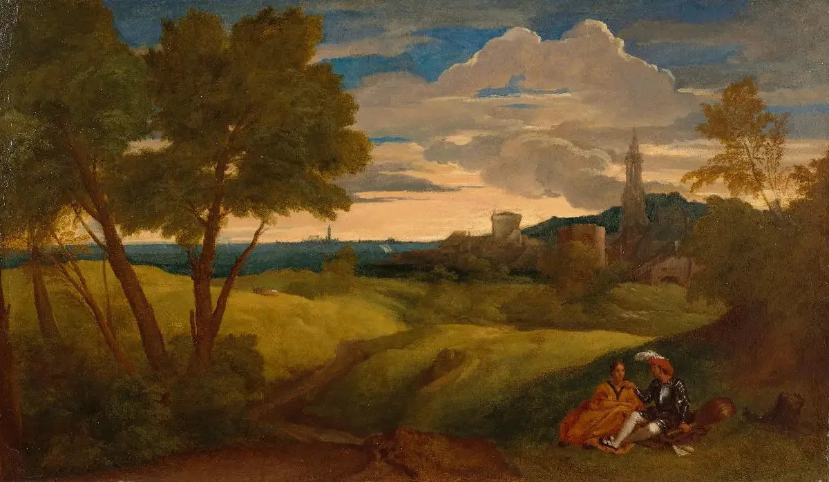 Paysage du soir avec un couple - Titian image 1 reproduction de peinture à l’huile