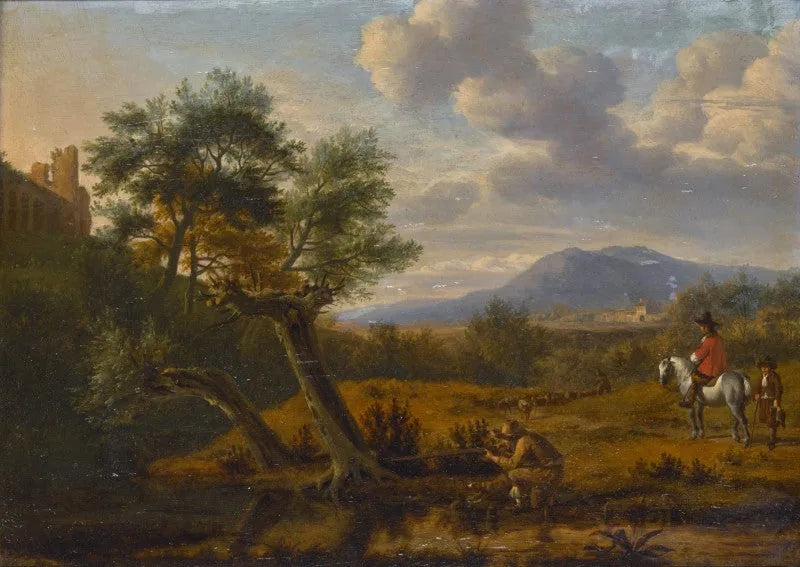 Paysage du Sud avec un homme tirant au bord d'un étang, un gentleman à cheval avec un garçon, et un berger avec son troupeau au loin. - Adriaen van de Velde