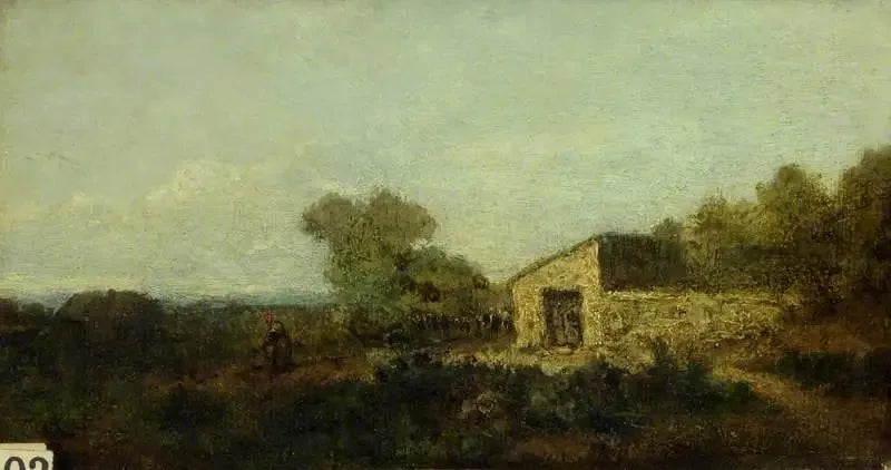 Paysage et bâtiments agricoles - Jean-Baptiste Camille Corot image 1 tableau peint à l’huile sur toile