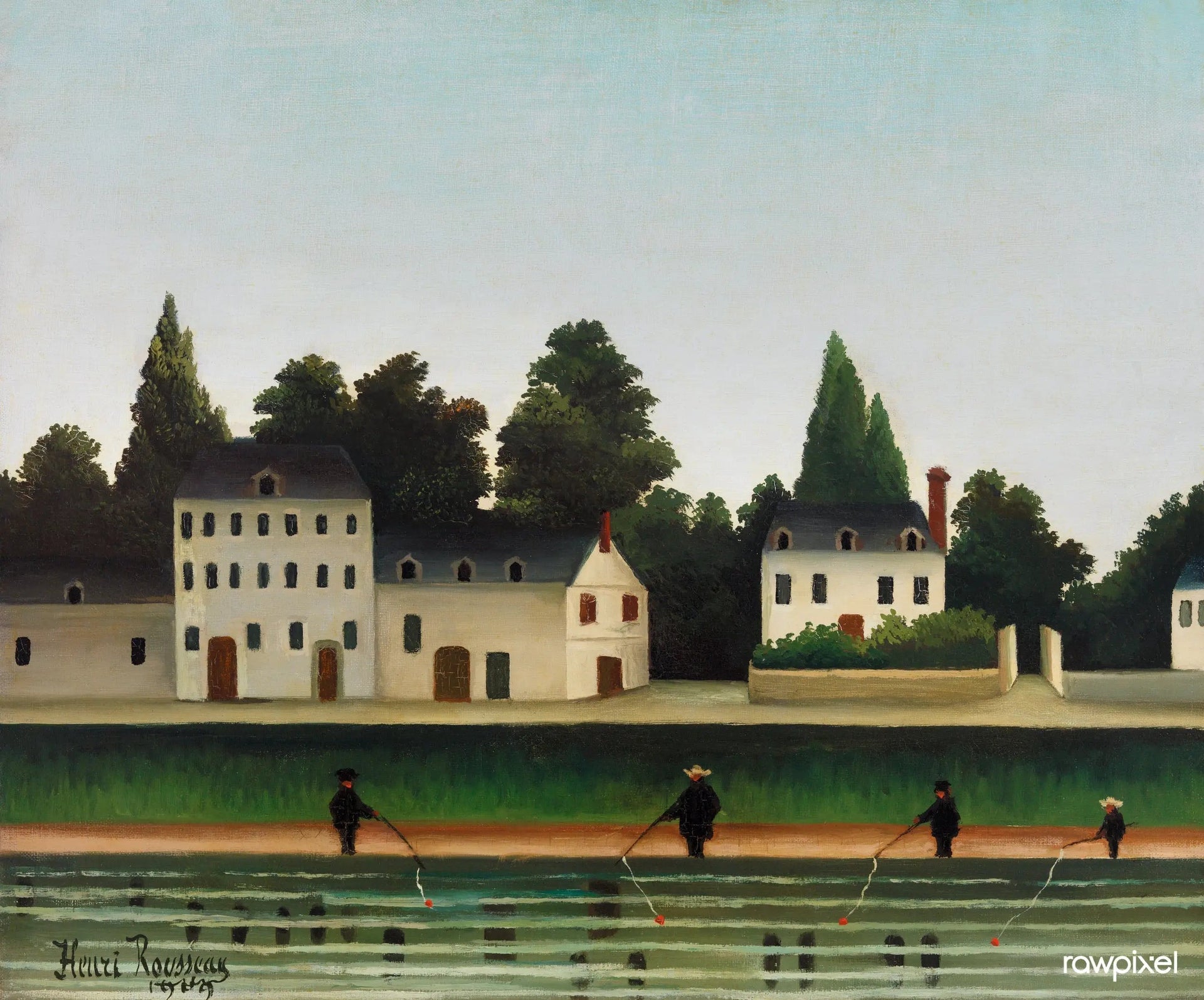 Paysage et quatre pêcheurs à la ligne - Henri Rousseau image 1 copie de tableau peinte à la main