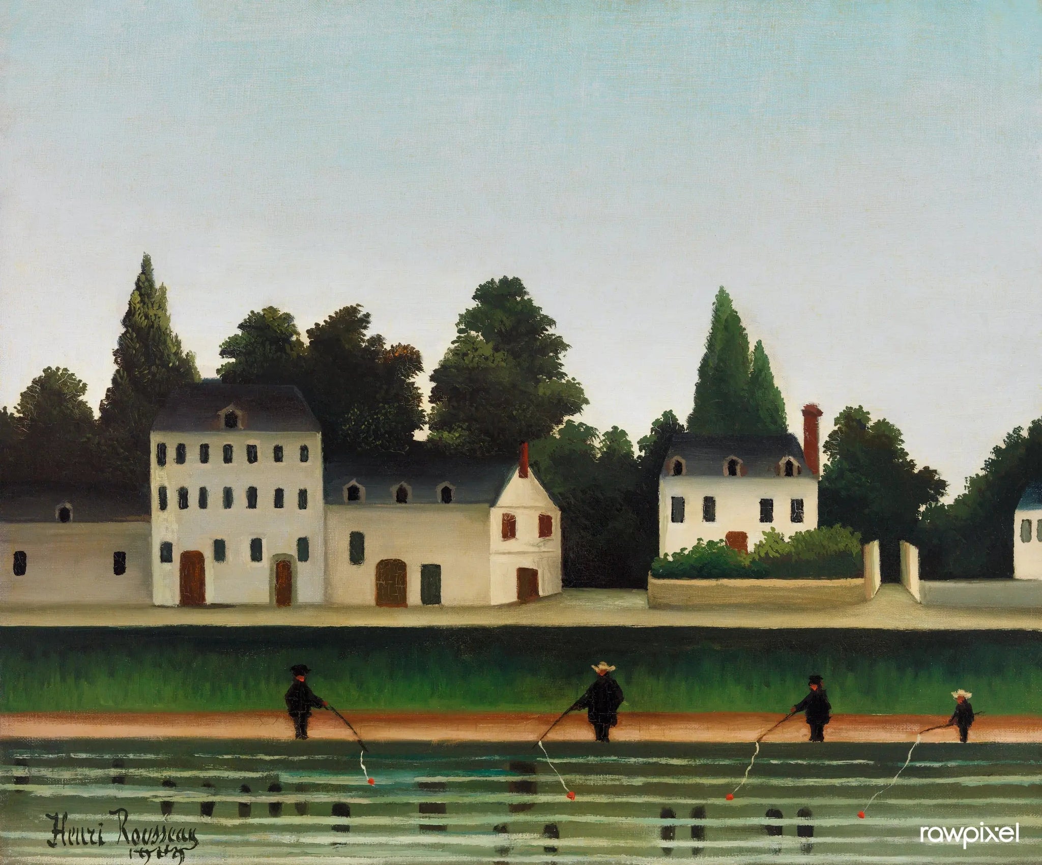 Paysage et quatre pêcheurs à la ligne - Henri Rousseau image 1 copie de tableau peinte à la main