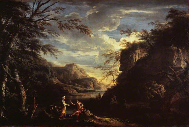 Paysage fluvial avec Apollon et la Sibylle de Cumes - Salvator Rosa image 1 reproduction d’œuvre d’art à l’huile