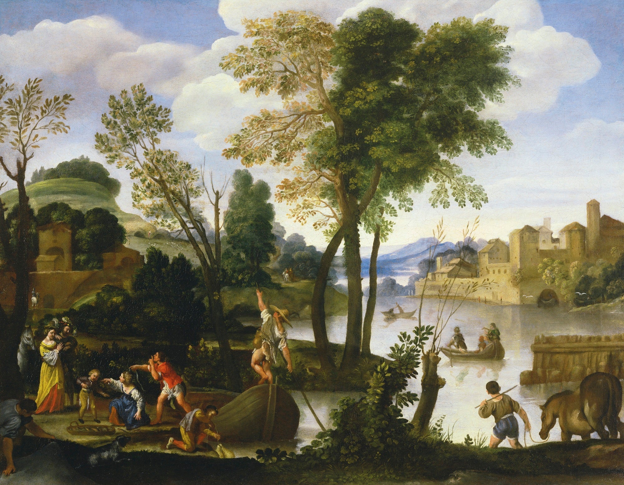 Paysage fluvial avec bateliers et pêcheurs, un couple élégant se promenant au bord de la rivière - Domenichino image 1 reproduction de peinture à l’huile