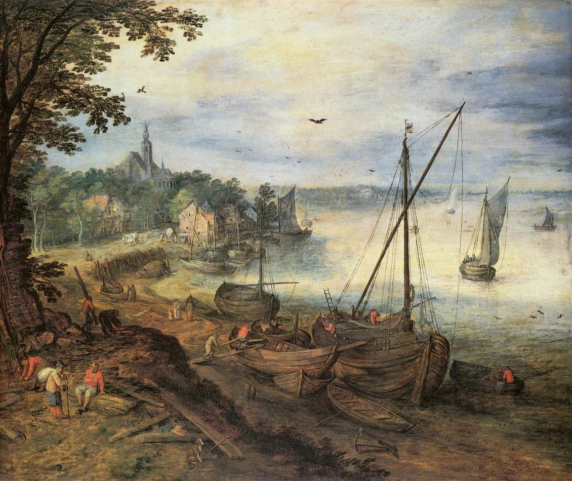 Paysage fluvial avec bûcherons - Jan Brueghel l'Ancien image 1 copie de tableau peinte à la main
