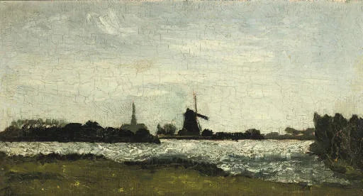 Paysage fluvial avec clocher et moulin - Theo van Doesburg image 1 reproduction de peinture à l’huile
