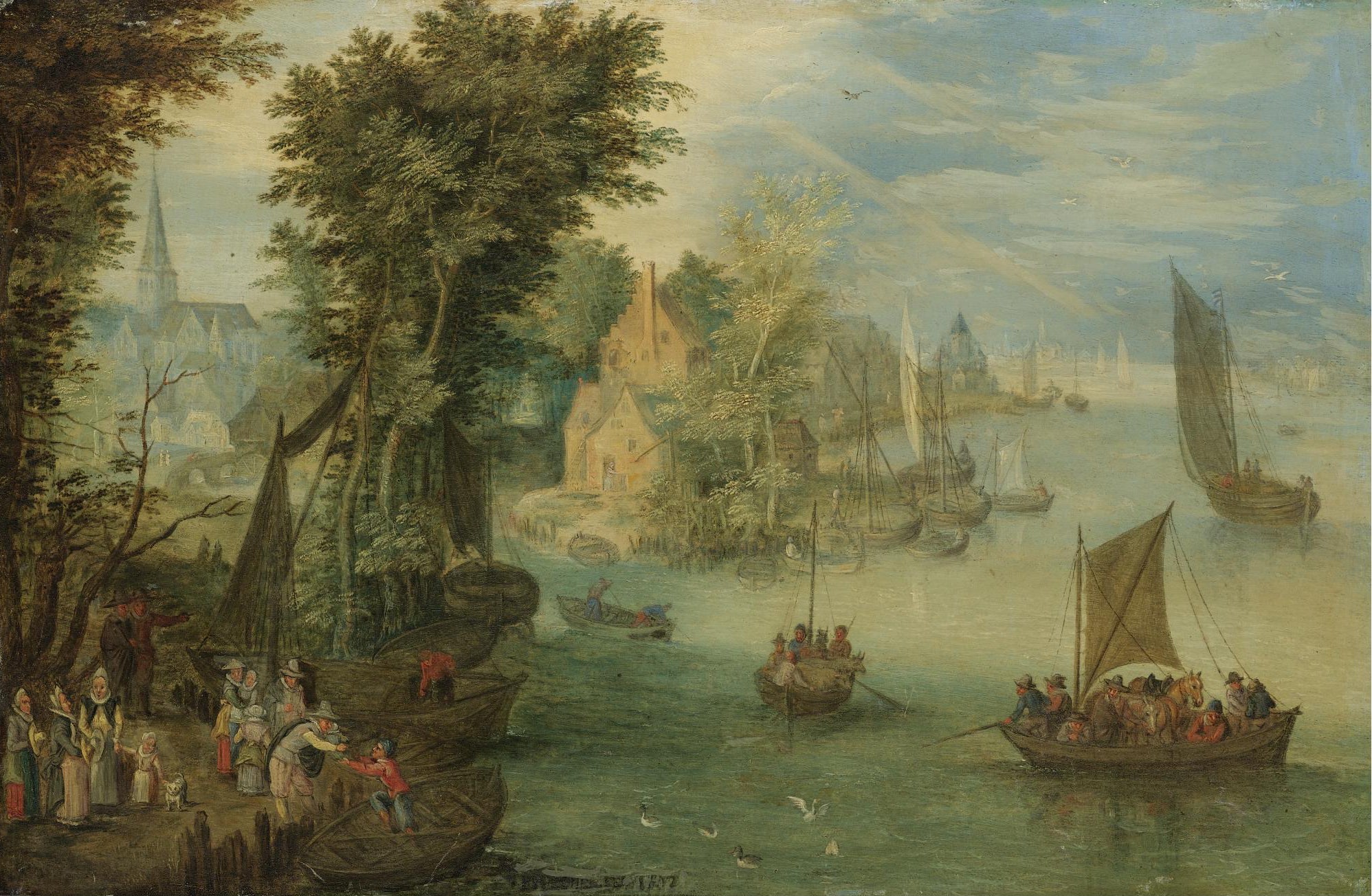 Paysage fluvial avec des personnages sur un quai devant une ville - Jan Brueghel l'Ancien image 1 reproduction de peinture à l’huile