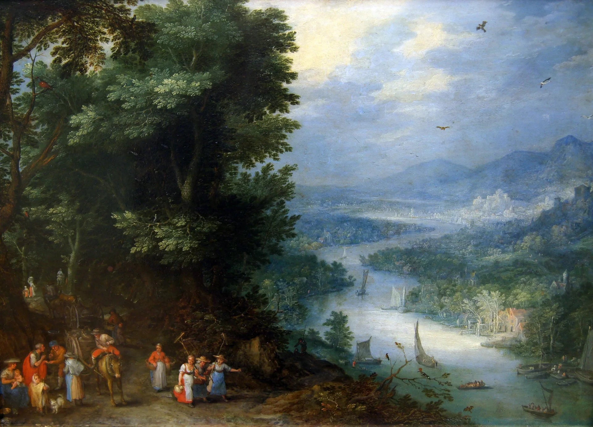 Paysage fluvial avec des voyageurs sur la route - Jan Brueghel l'Ancien image 1 reproduction de peinture à l’huile