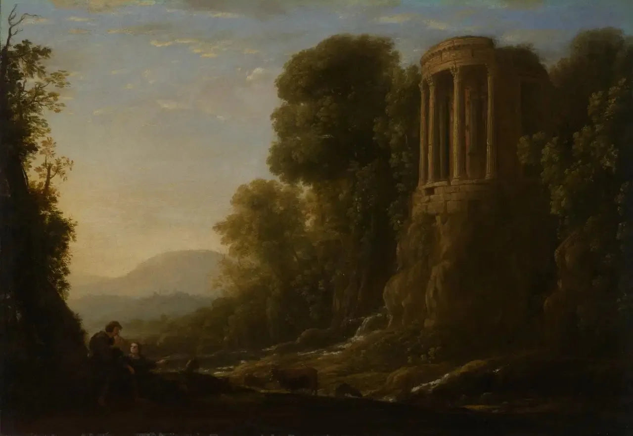 Paysage fluvial avec le temple de Tiburtine à Tivoli - Claude Lorrain image 1 copie de tableau peinte à la main