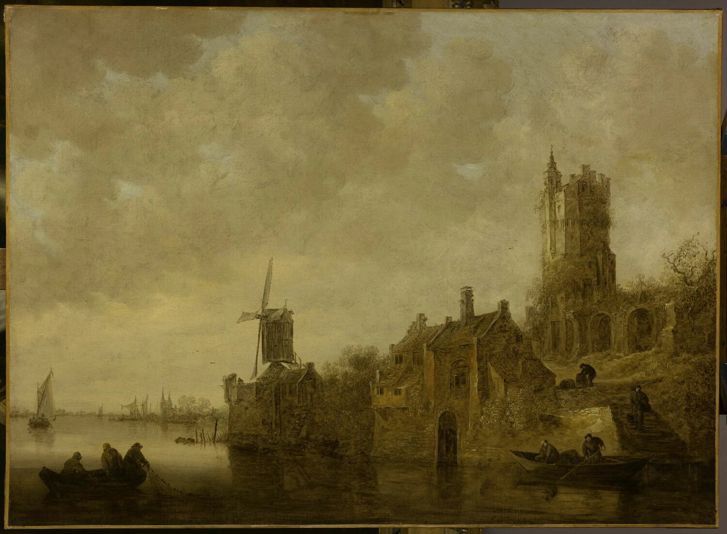 Paysage fluvial avec moulin et château en ruines - Jan van Goyen