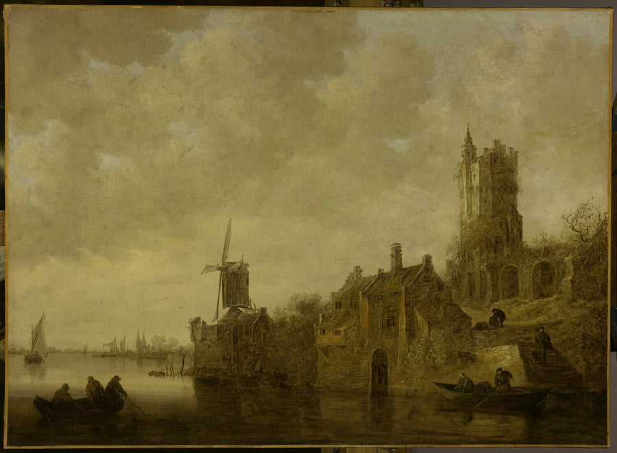 Paysage fluvial avec moulin et château en ruines - Jan van Goyen