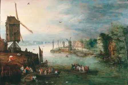 Paysage fluvial avec moulins à vent et navires - Jan Brueghel l'Ancien image 1 reproduction de peinture à l’huile