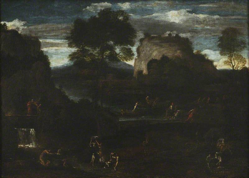 Paysage fluvial avec pêcheurs et lavandières - Domenichino image 1 reproduction artisanale de tableau