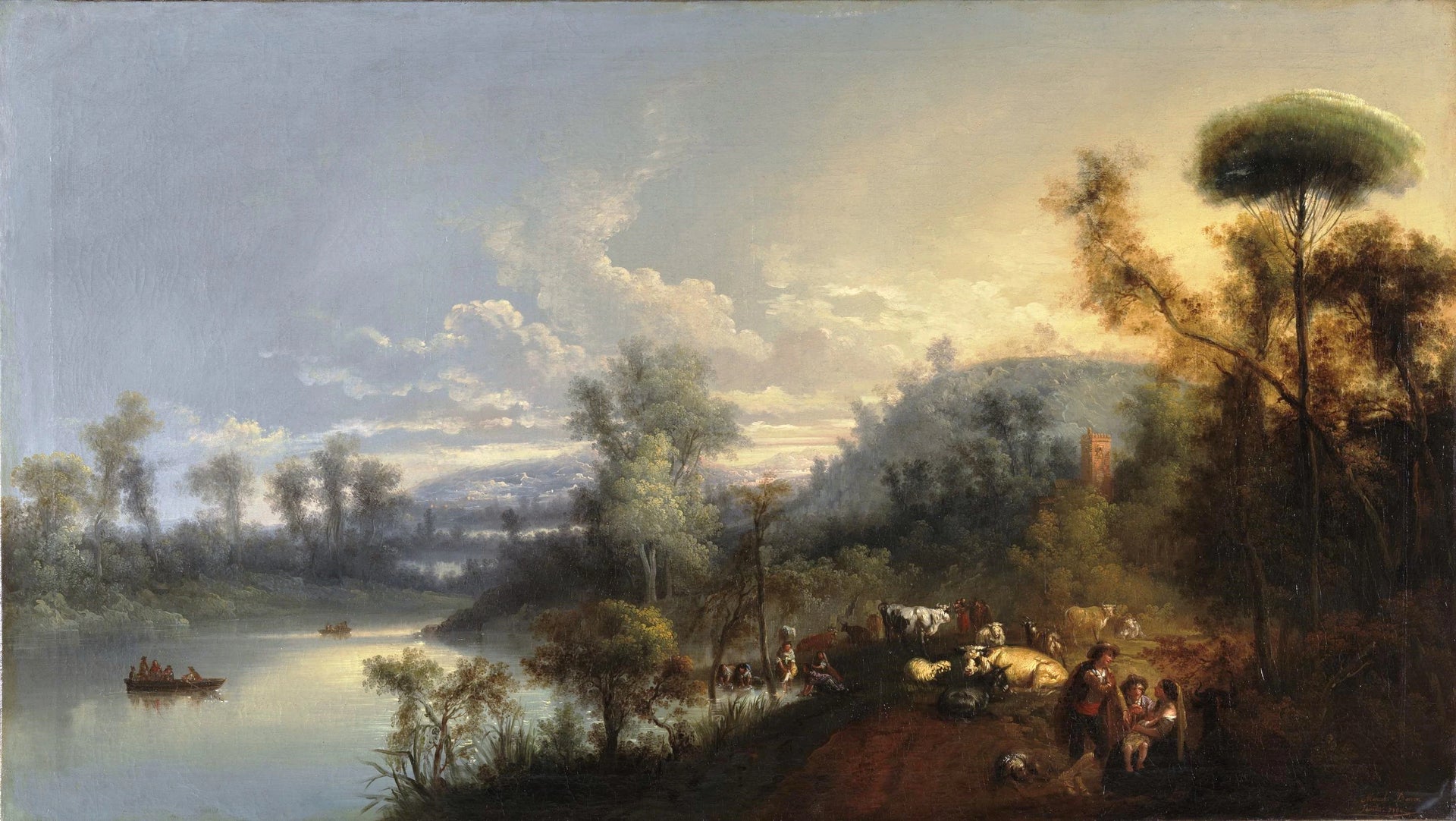Paysage fluvial avec personnages et bétail - Manuel Barrón y Carrillo