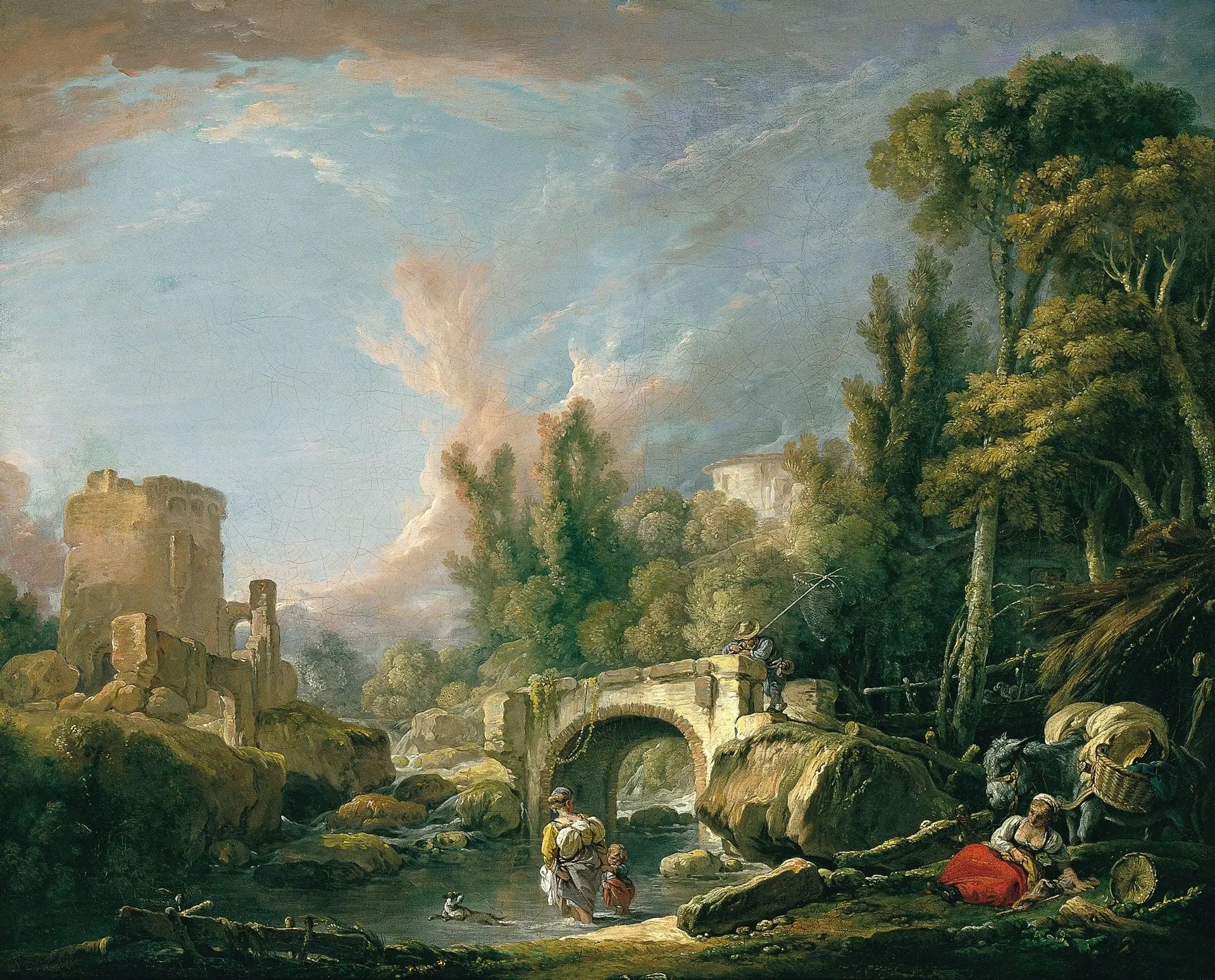Paysage fluvial avec ruine et pont - François Boucher image 1 reproduction de peinture à l’huile