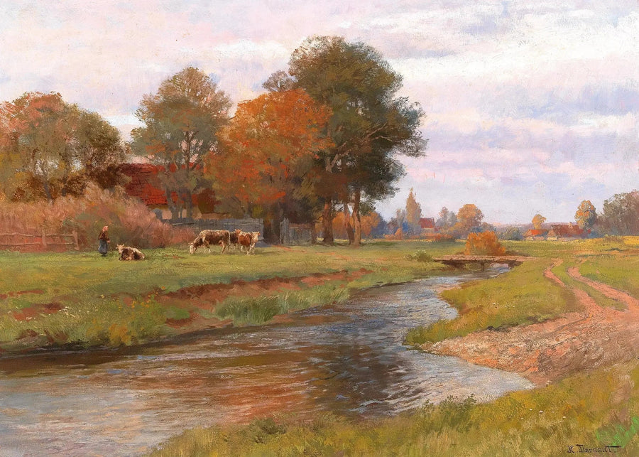 Paysage fluvial avec un petit troupeau de vaches et un village en arrière-plan - Hugo Darnaut image 1 reproduction de peinture à l’huile