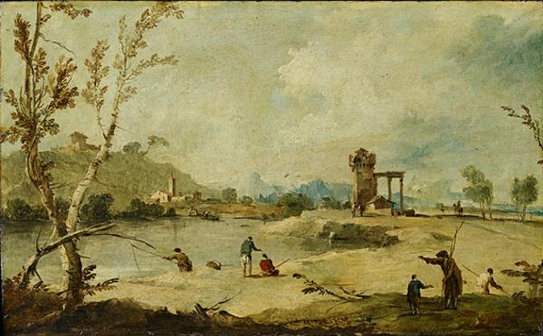 Paysage fluvial avec une tour en ruine et un village lointain - Francesco Guardi image 1 reproduction réalisée par Alpha Reproduction