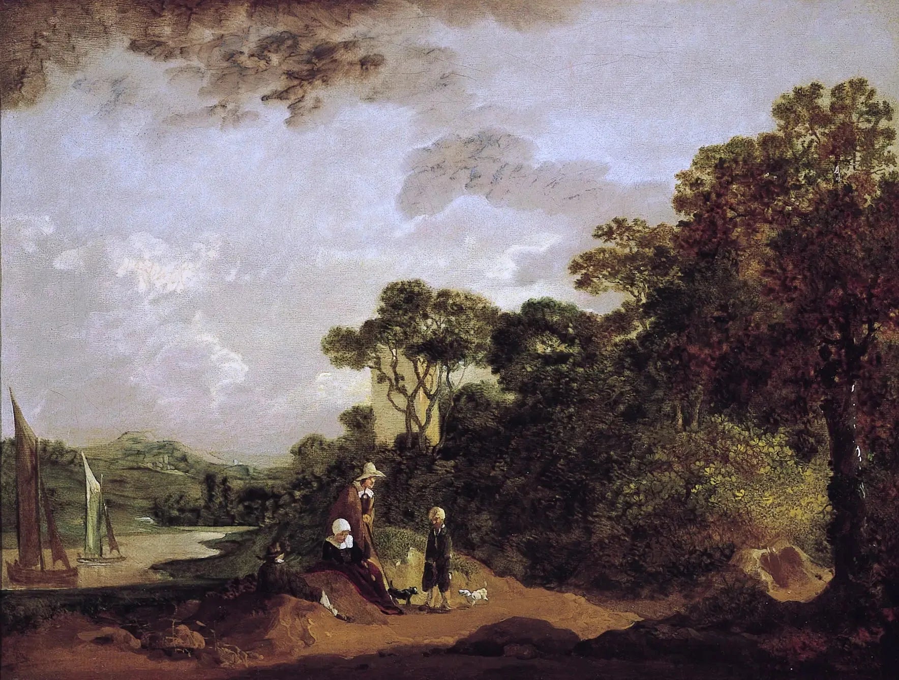 Paysage fluvial boisé avec paysans au repos et clocher d'église - Thomas Gainsborough image 1 reproduction d’œuvre d’art à l’huile