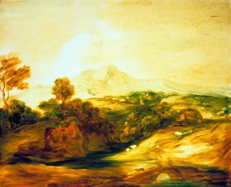 Paysage fluvial boisé avec personnages sur un pont, un chalet, des moutons et des montagnes lointaines - Thomas Gainsborough